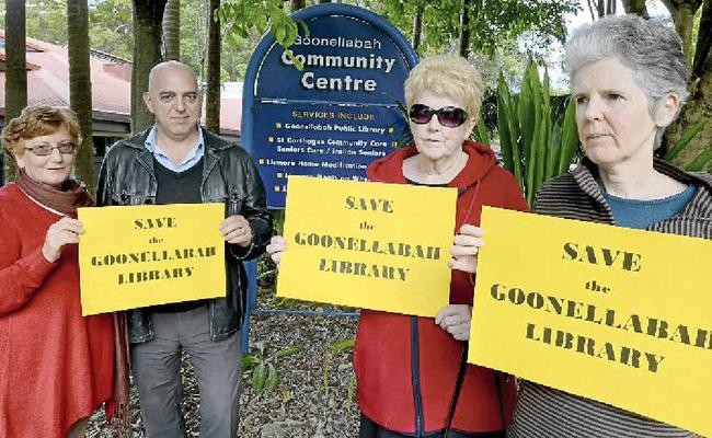 NOT ON THEIR WATCH: From left Lesley Burgoyne of Lismore Heights, Cr Gianpiero Battista of Goonellabah, Trish Gibson of Eltham and Corena Wynd of Goonellabah are fighting to save the Goonellabah Library from closure. Picture: Cathy Adams