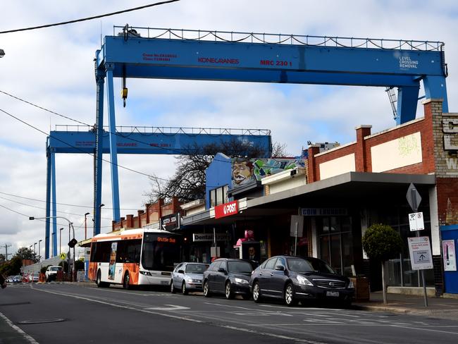 The blue carrier towers over businesses near Murumbeena railway station. Picture: Nicole Garmston