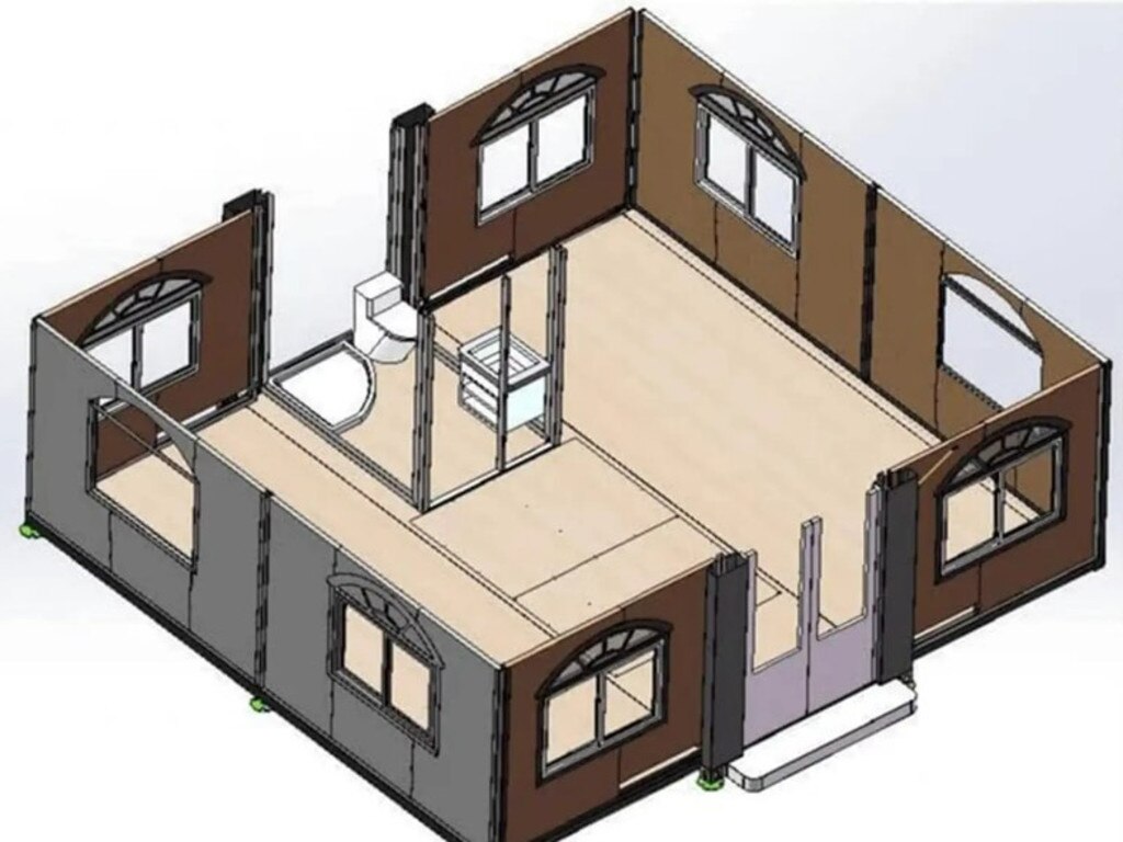 A digital rendering showing the layout of a foldable home available on Amazon.