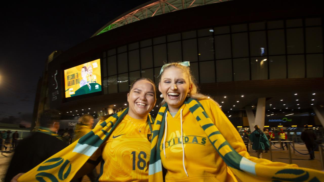 Friends Alanna Clifford, 26 and Sophie McDonald, 26 of Brisbane at the Matildas game. Picture: Brett Hartwig