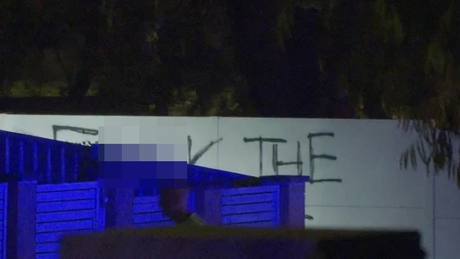 A wall at the property was vandalised with an anti-Semitic slur. Picture: Nine News