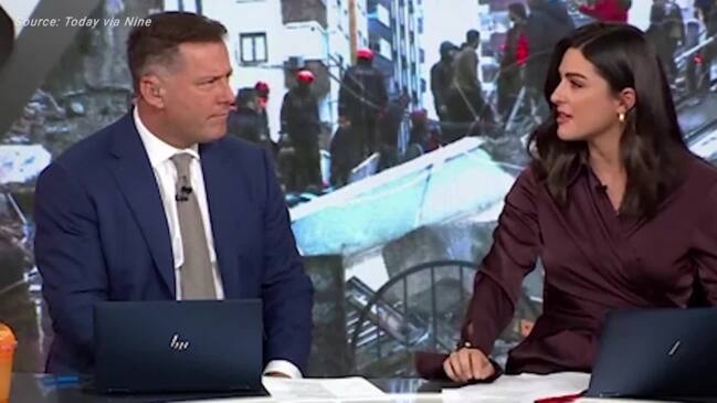 Today host Sarah Abo emotional after speaking to Syria earthquake responder (Nine News)