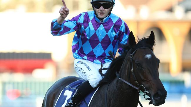 SYDNEY, AUSTRALIA - APRIL 13: Declan Bates riding Pride of Jenni wins Race 8 Queen Elizabeth Stakes during Sydney Racing: The Championships at Royal Randwick Racecourse on April 13, 2024 in Sydney, Australia. (Photo by Jeremy Ng/Getty Images)