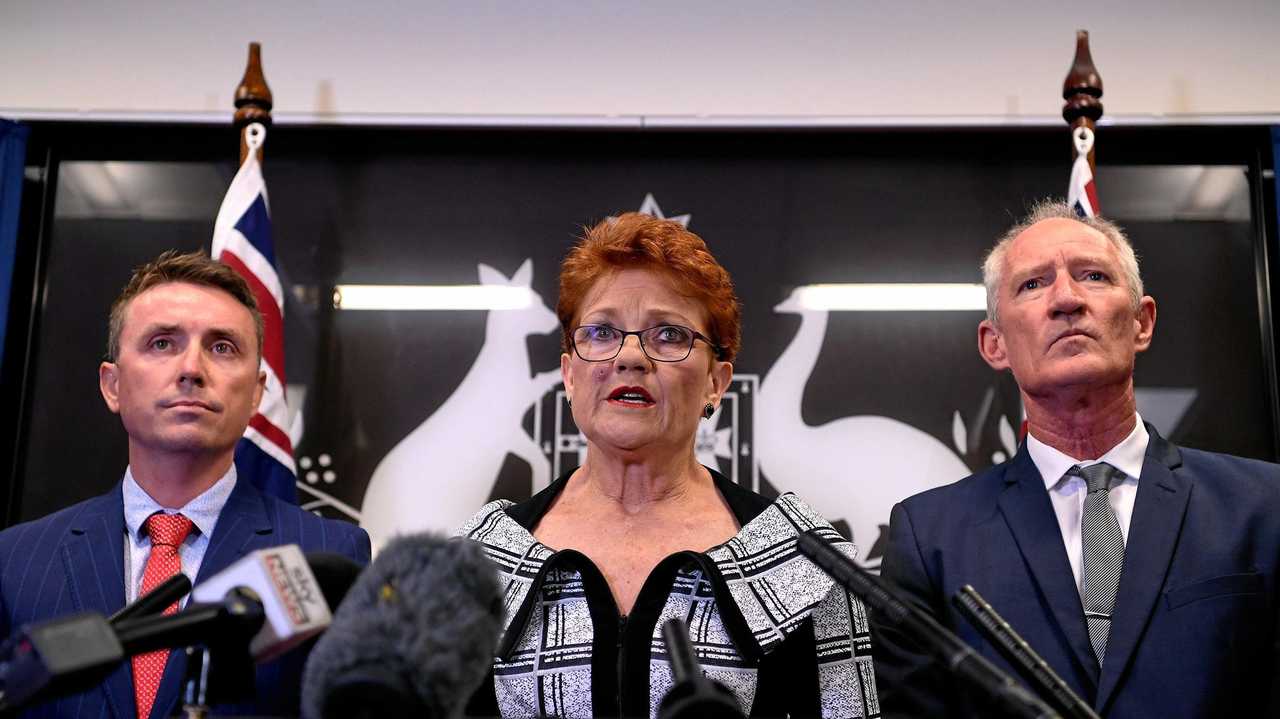 Queensland Senator and One Nation leader Pauline Hanson (centre), flanked by party officials James Ashby (left) and Steve Dickson, speaks during a press conference in Brisbane, Thursday, March 28, 2019. Picture: DAN PELED