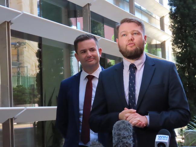 Labor leader Dean Winter with new Labor MP Casey Farrell, at a media conference at Parliament House on Wednesday, May 5, 2025.