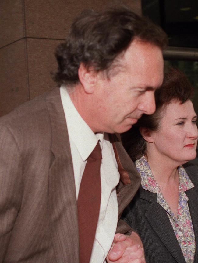 Gregory Vincent Coffey and his wife leaving the Victorian County Court after he received a suspended sentence for sex offences.