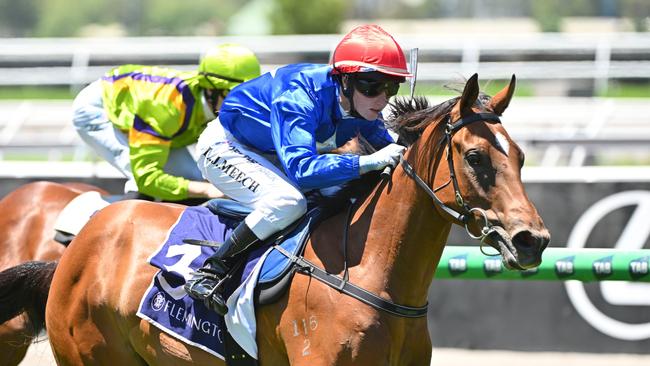 MELBOURNE, AUSTRALIA - JANUARY 18: Linda Meech riding Cavalry Girl winning Race 2, the Vrc Punters Club Sprint  during Melbourne Racing at Flemington Racecourse on January 18, 2025 in Melbourne, Australia. (Photo by Vince Caligiuri/Getty Images)