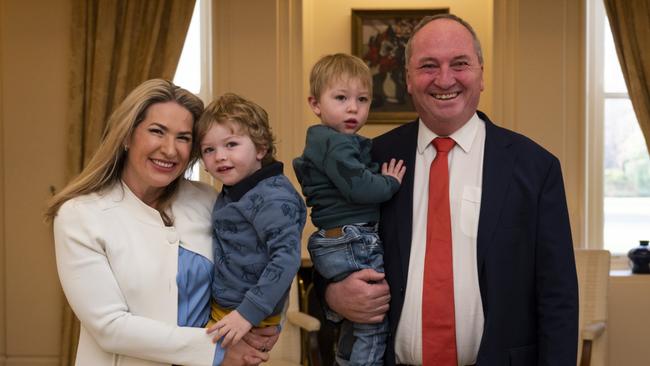 Barnaby Joyce and his partner Vikki Campion with their sons Sebastian and Thomas. Joyce and his wife Natalie separated in 2017. Picture: NCA NewsWire / Martin Ollman