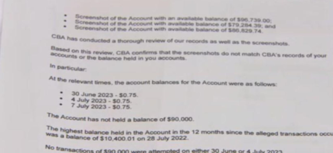 A letter from Commonwealth Bank states that the account balance has been at $0.75 since late June. Picture: Channel 7.