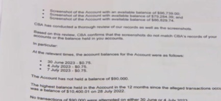 A letter from Commonwealth Bank states that the account balance has been at $0.75 since late June. Picture: Channel 7.