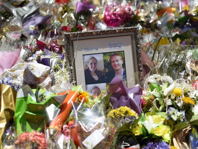 The sea of flowers mourning the loss of Katrina Dawson and Tori Johnson three years ago. Picture: AFP