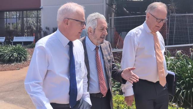 Vista Gold senior executives including American chief executive Fred Earnest, left, leaving Darwin Local Court on Wednesday April 23 after pleading guilty to carrying out illegal works and damaging a sacred site at its NT Mount Todd Gold project, on Jawoyn Country.Â