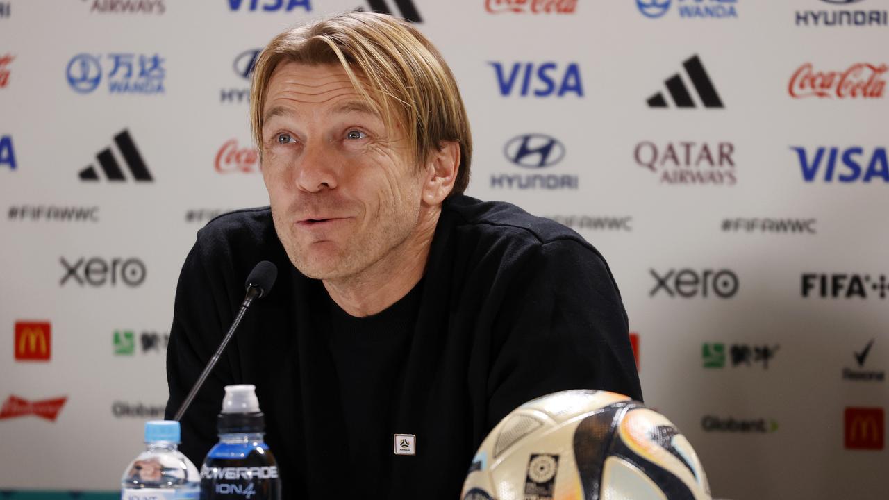 DAILY TELEGRAPH AUGUST 15, 2023. Matildas Head Coach Tony Gustavsson speaking during a press conference at Stadium Australia. Picture: Jonathan Ng