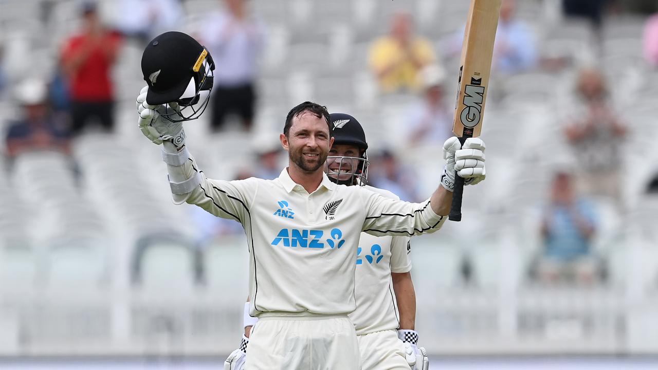Devon Conway celebrates reaching his century at Lord's on June 02, 2021 in London, England. Photo: Getty Images