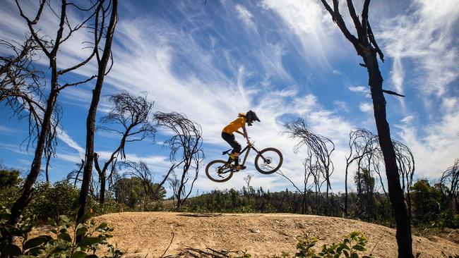 Airborne at the Fox Creek mountain bike park. Picture: Tom Huntley