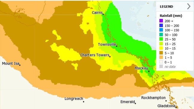 Predicted rainfall distribution for North Queensland on Friday. Picture: BOM.