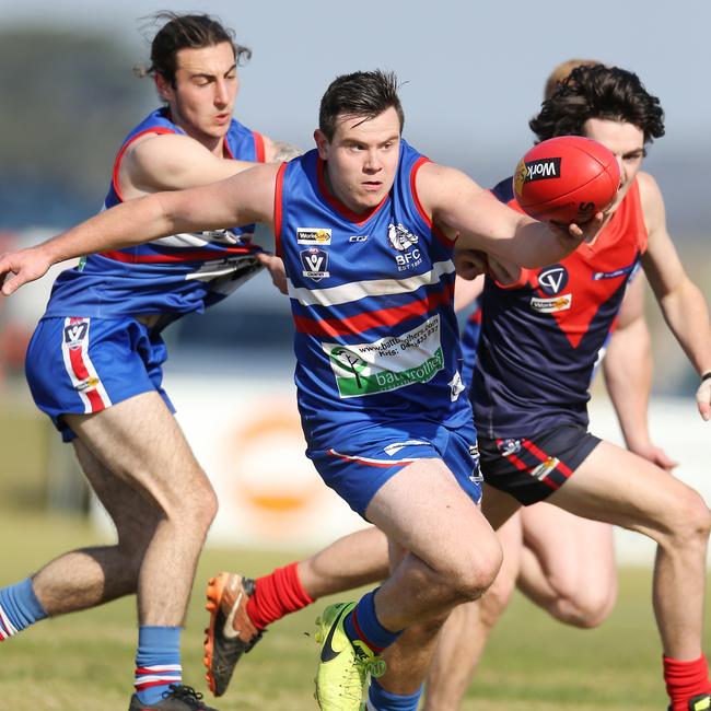 Bruthen’s Harley Kenner playing against Swifts Creek in 2018. Picture Yuri Kouzmin