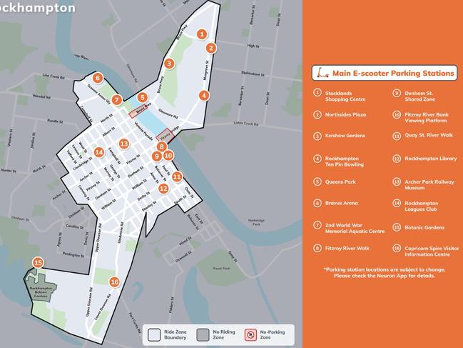 The map of the e-scooter ride zone in Rockhampton.