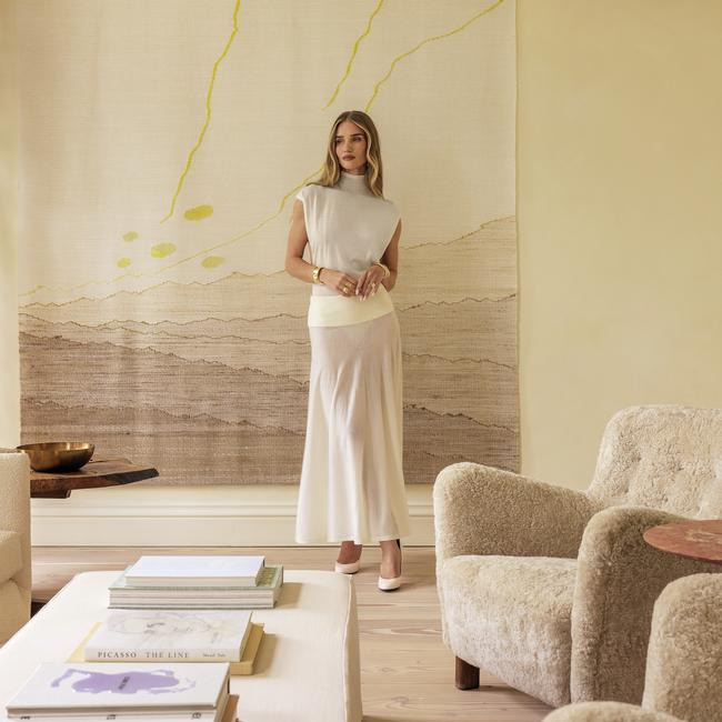 Rosie Huntington-Whiteley in her cozy living room. Picture: Simon Upton