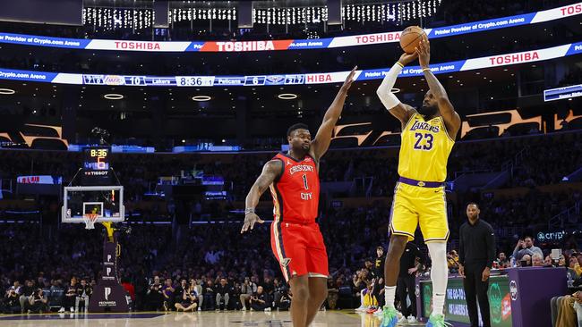 LeBron James’s three-point shot to take him to 50,000 points. Picture: Ronald Martinez/Getty Images