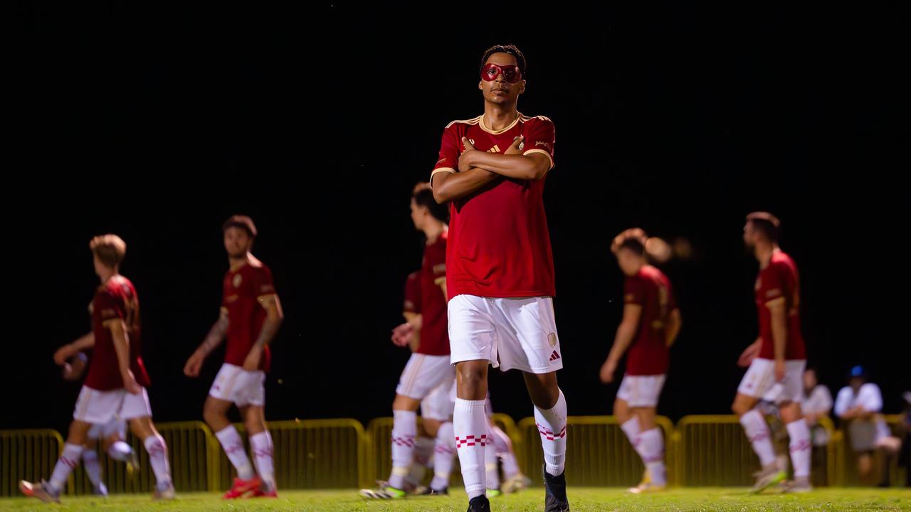 Gold Coast Knights Tyson Martin celebrates a goal. Picture: Connor Bowness/Football Queensland