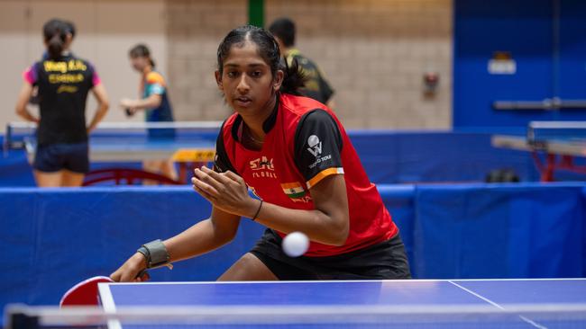 Jennifer Varghese warming up at the WTT Youth Contender Darwin 2023, Marrara Indoor Stadium, Darwin. Picture: Pema Tamang Pakhrin