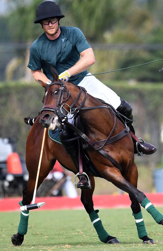 Prince Harry’s horse tumbled during the match. Picture: GAC/MEGA