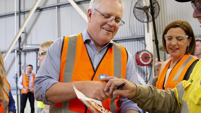 Prime Minister Scott Morrison campaigns with Deb Frecklington on the Gold Coast. Picture: Sarah Marshall