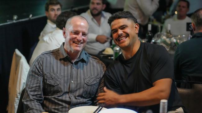 Michael Maguire and Mitchell shared a few laughs on Saturday. Picture: Rabbitohs