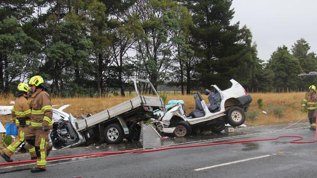 Emergency services at the scene a the fatal two vehicle crash on the Bass Highway, Carrick, between Oaks Road and Illawarra Road. Picture: BRUCE MOUNSTER