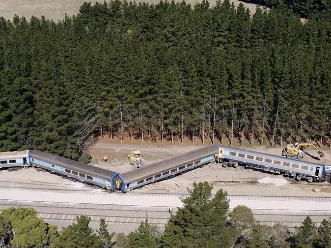 Still image captured from drone footage of the Wallan Train derailment site provided by Australian Rail Track Corporation.