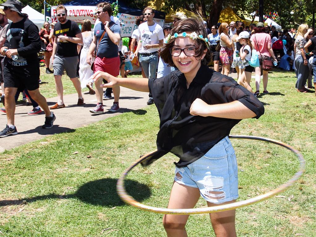 Cate Kerrigan, aged 11 and from Newtown, doing the hula hoops. Picture: Jess Husband.