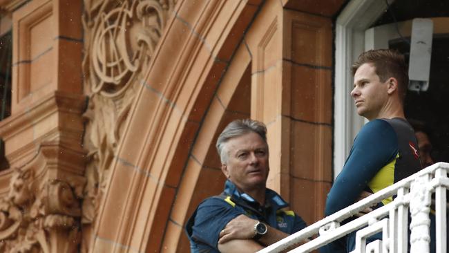 Steve Smith and Steve Waugh look on as rain delays the start of play at Lord’s. Picture: Getty Images