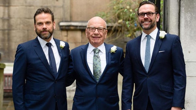 Rupert Murdoch is flanked by his sons Lachlan, left, and James. Picture: Getty Images