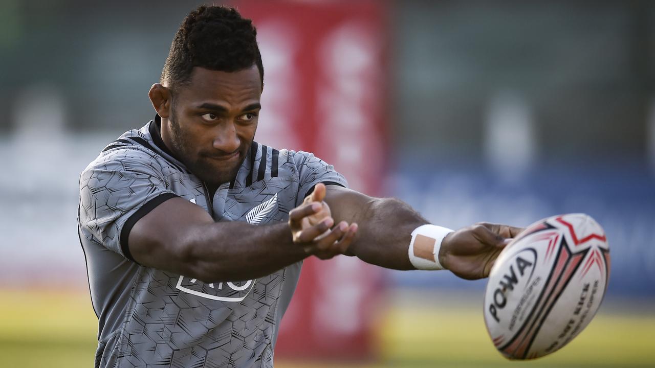 Sevu Reece of the All Blacks passes the ball during a training session.