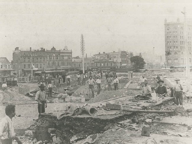 1903 construction work at Central Railway Station. The development, which included the widening of Pitt Street and the creation of Eddy Avenue, required other major relocations including of a tram depot, a female refuge centre, a police barracks and a hospital for the disabled. Picture: NSW State Archives