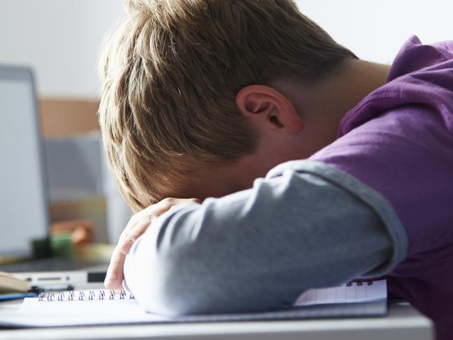 Tired Boy Studying In Bedroom