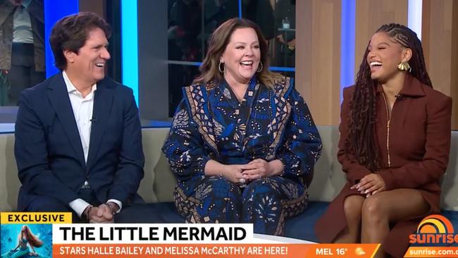 (Left to right) Director Rob Marshall, Melissa McCarthy and Halle Bailey on Sunrise this morning to speak about their new production of The Little Mermaid. Picture: Supplied