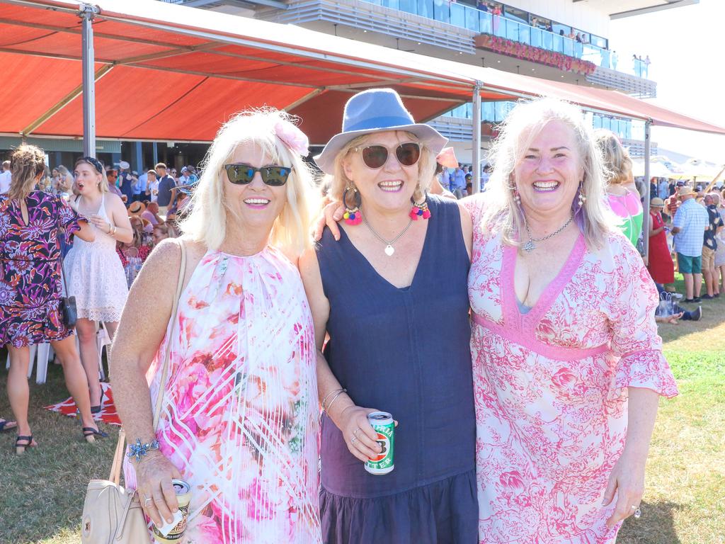 Sarah Birtles and Mary and Krissy McGee at the 2021 Great Northern Darwin Cup. Picture: Glenn Campbell