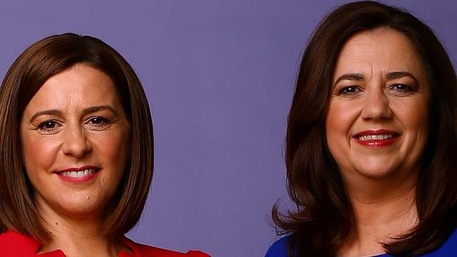 HOLD FOR COURIER MAIL -  Deb Frecklington, leader of the Liberal National Party with Premier Annastacia Palaszczuk together for International Women's Day. Pics Adam Head