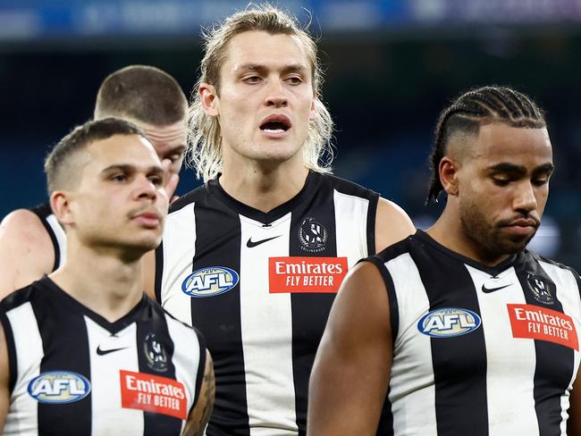 MELBOURNE, AUSTRALIA - JULY 12: Darcy Moore of the Magpies looks dejected after a loss during the 2024 AFL Round 18 match between the Collingwood Magpies and the Geelong Cats at Melbourne Cricket Ground on July 12, 2024 in Melbourne, Australia. (Photo by Michael Willson/AFL Photos via Getty Images)