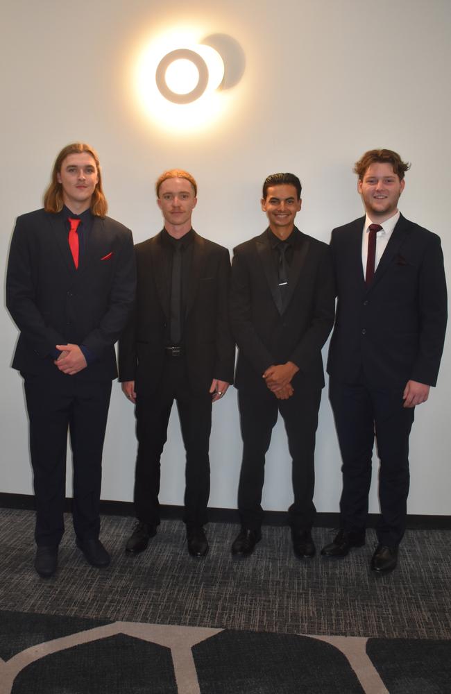 Noah Thompson, Alexander Godens, Hayden Boyd and Jay Walters at the 2022 Nambour State College formal. Picture: Eddie Franklin