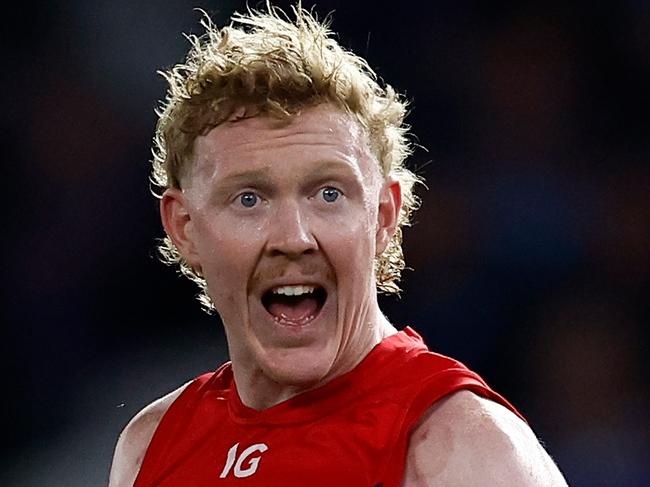 MELBOURNE, AUSTRALIA - AUGUST 02: Clayton Oliver of the Demons looks on during the 2024 AFL Round 21 match between Footscray and the Melbourne Demons at Marvel Stadium on August 02, 2024 in Melbourne, Australia. (Photo by Michael Willson/AFL Photos via Getty Images)