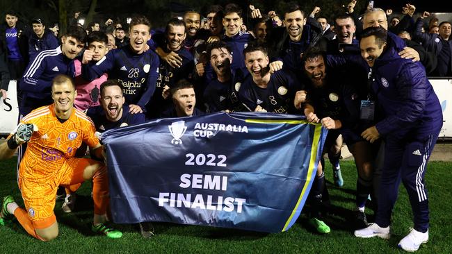 Oakleigh Cannons celebrate the win over Sydney FC.