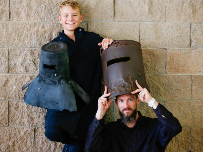 MAGNT Ned Kelly lookalike category winners Cooper Ferme, 12 (best Ned Junior) and Josh Danvers (best helmet). Picture: GLENN CAMPBELL