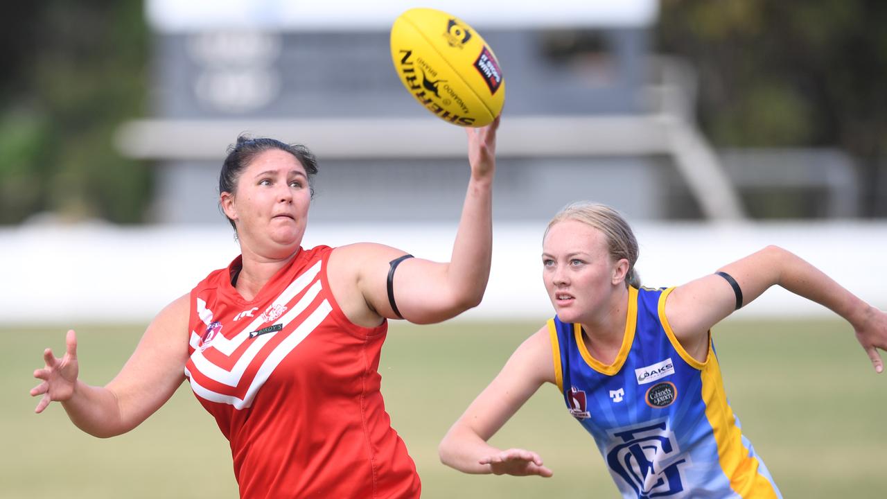 Yeppoon Swanettes player Luci Buttenshaw (left), pictured in action against Gladstone, will have a big role to play in Saturday’s semi showdown with Glenmore. Photo: Jann Houley