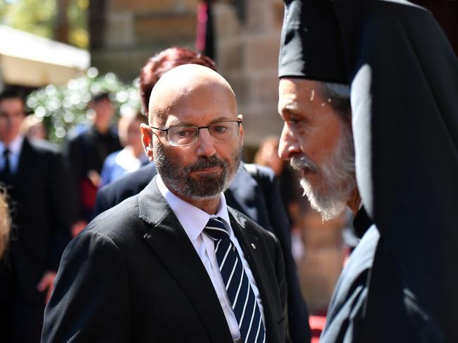 Liberal Senator Arthur Sinodinos paid tribute to Greek Orthodox leader Archbishop Stylianos Harkianakis at his funeral today. Picture: AAP/Mick Tsikas