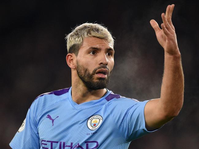 Manchester City's Argentinian striker Sergio Aguero reacts during the English Premier League football match between Sheffield United and Manchester City at Bramall Lane in Sheffield, northern England on January 21, 2020. (Photo by Oli SCARFF / AFP) / RESTRICTED TO EDITORIAL USE. No use with unauthorized audio, video, data, fixture lists, club/league logos or 'live' services. Online in-match use limited to 120 images. An additional 40 images may be used in extra time. No video emulation. Social media in-match use limited to 120 images. An additional 40 images may be used in extra time. No use in betting publications, games or single club/league/player publications. /