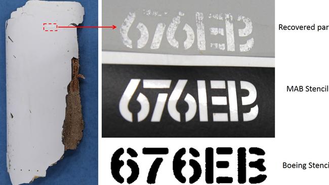 Analysis of an aircraft part found in Mozambique has determined the code fits with that stencilled on to MH370 by Malaysia Airlines. Source: ATSB