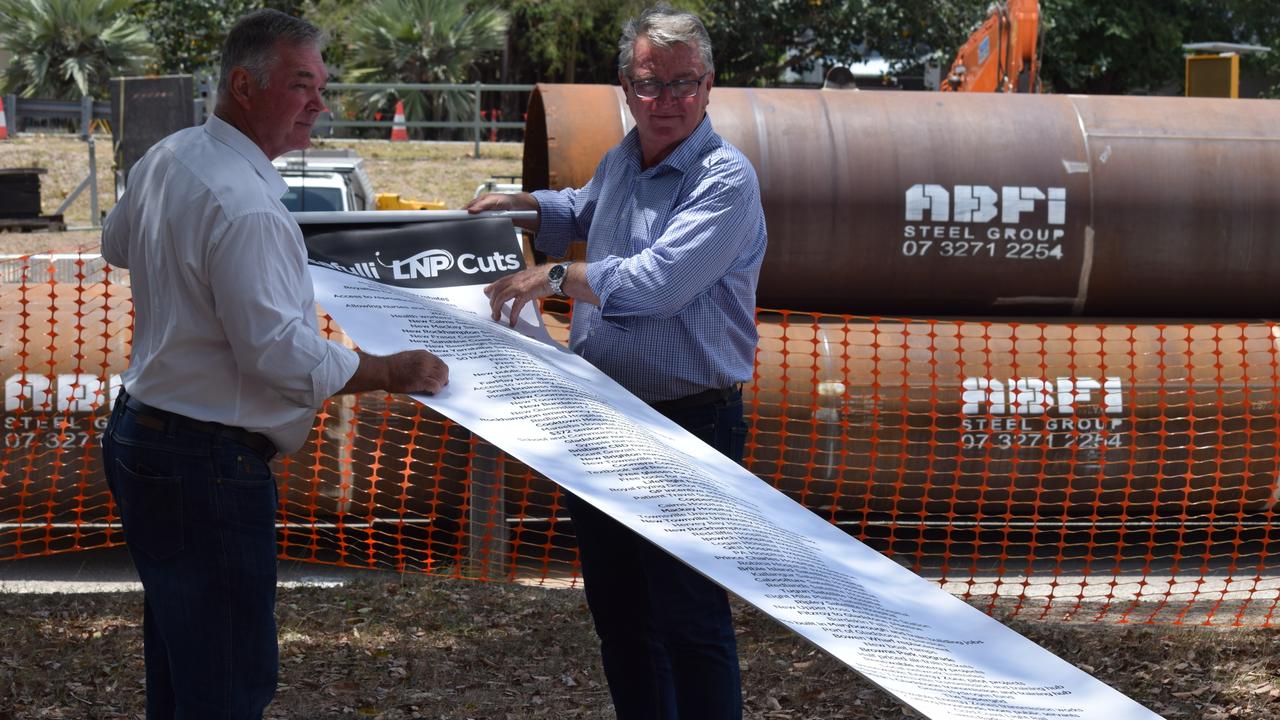 Member for Townsville Scott Stewart and Member for Mundingburra Les Walker show their lists of what they say the LNP will cut if elected during a press conference on Wednesday in Townsville.